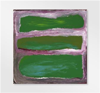 A bold abstract composition featuring three horizontal green bands framed by textured purple and grey borders.