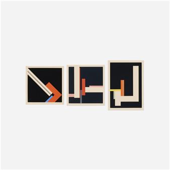 A triptych of abstract geometric compositions featuring bold lines and contrasting colors.