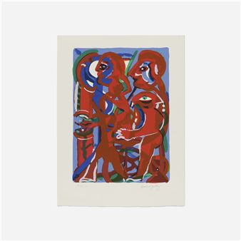 A vibrant abstract print featuring stylized figures in bold reds, blues, and greens.