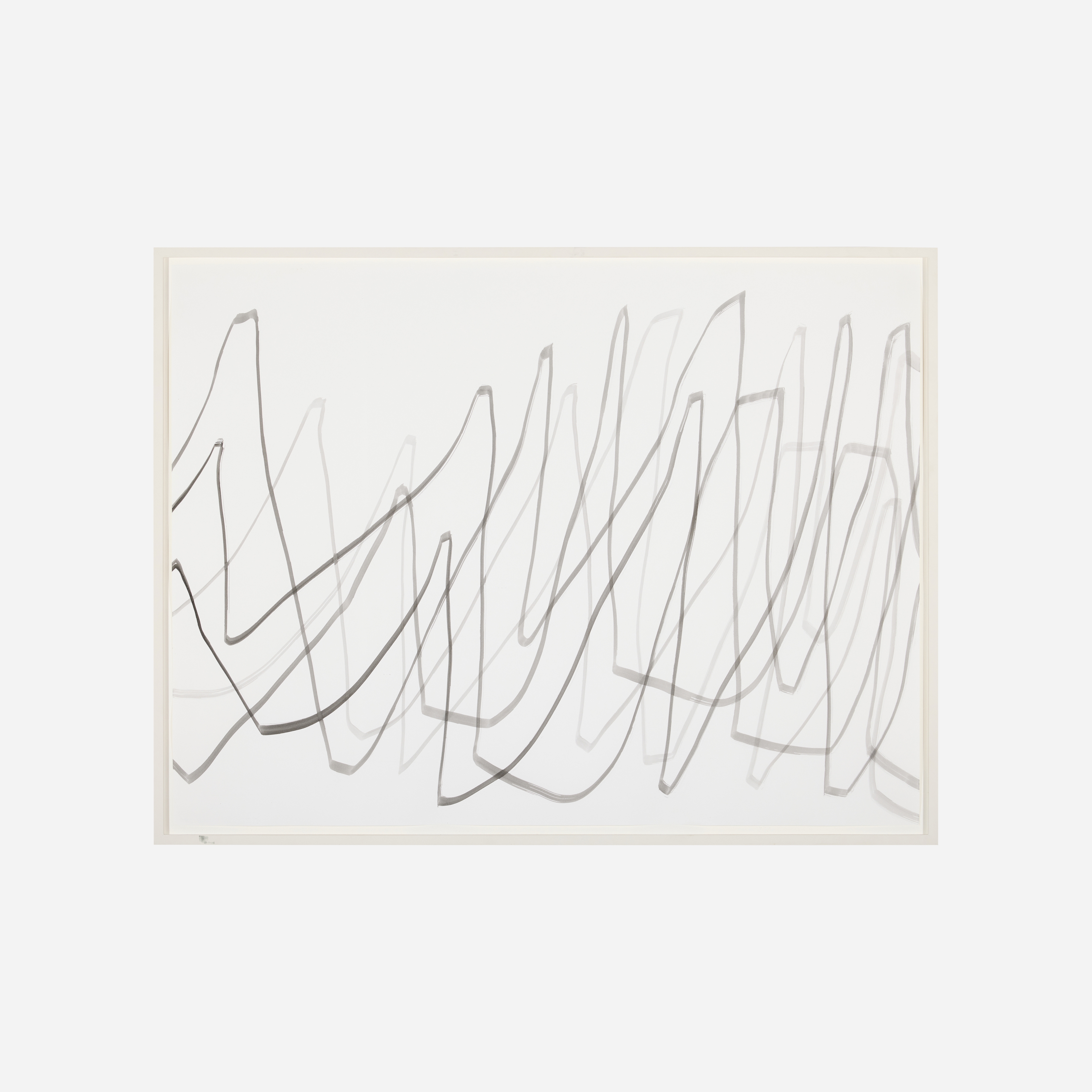 A minimalist abstract composition featuring layered black lines on a white background.