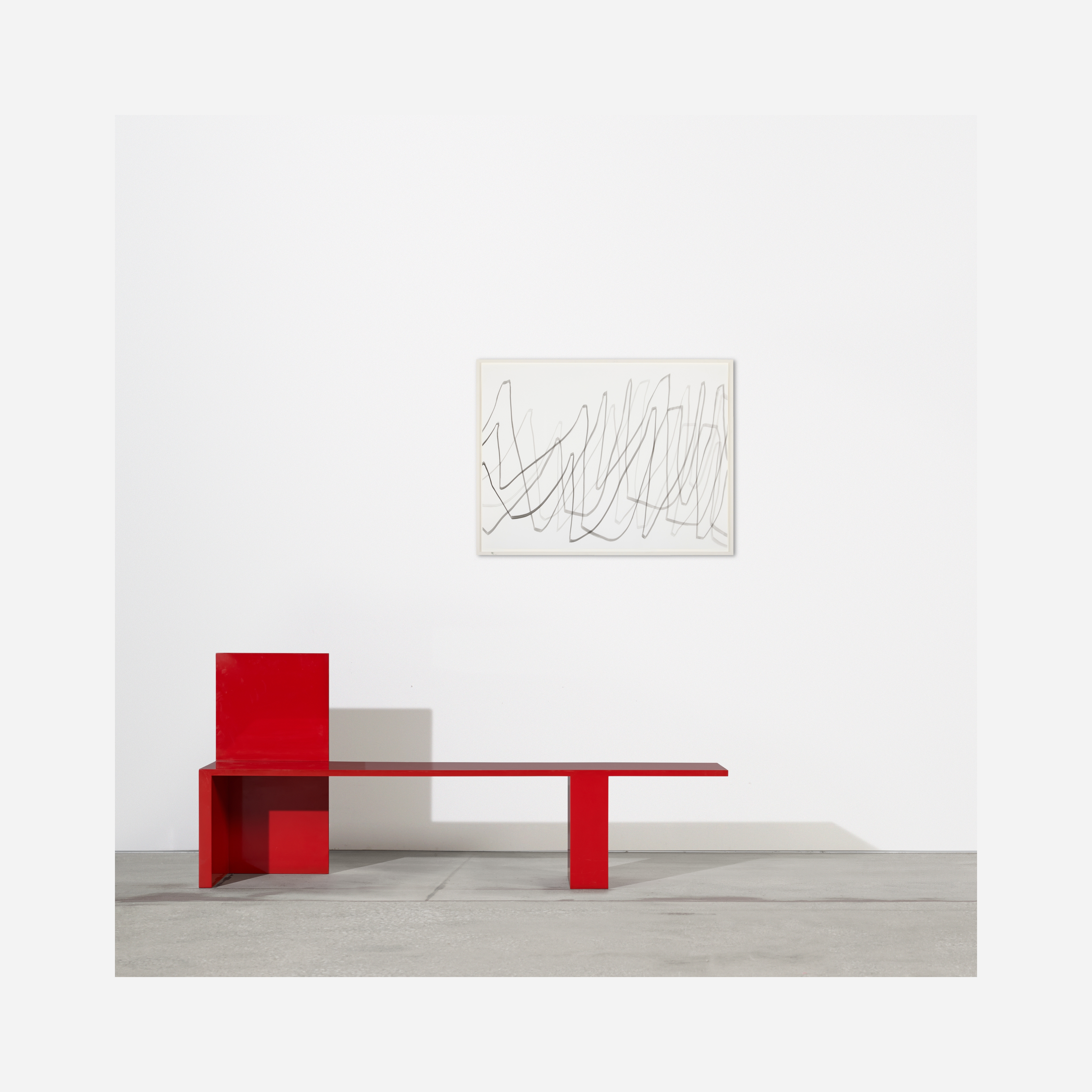 A minimalist abstract composition featuring layered black lines on a white background.