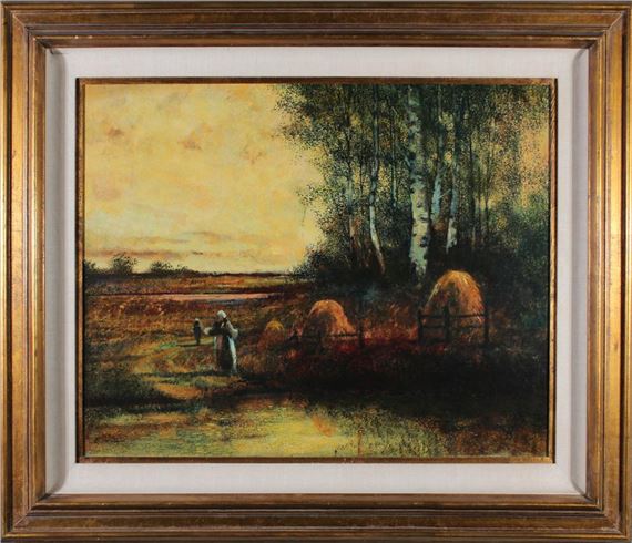 Donald Roy Purdy | Autumn fields with haystacks and figures on a path ...