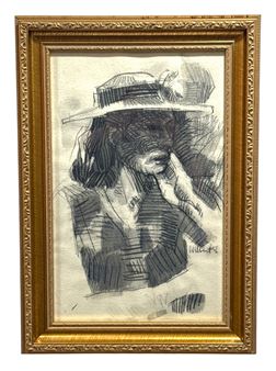 A charcoal sketch of a figure in a hat resting their chin on their hand, framed in ornate gold.