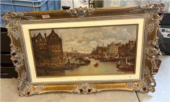 An ornate, gold-painted frame encases a classical oil painting of a bustling European canal scene.