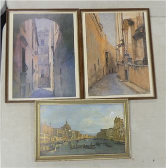 A collection of three framed watercolor paintings depicting European cityscapes and canal scenes.