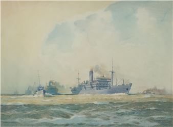 A watercolor seascape depicting a large steamship and smaller vessels navigating choppy waters under an overcast sky.