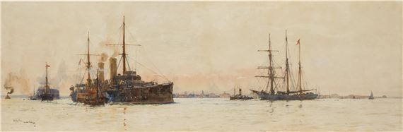 A cruiser with paddle tug at dusk off Southsea - Charles Edward Dixon