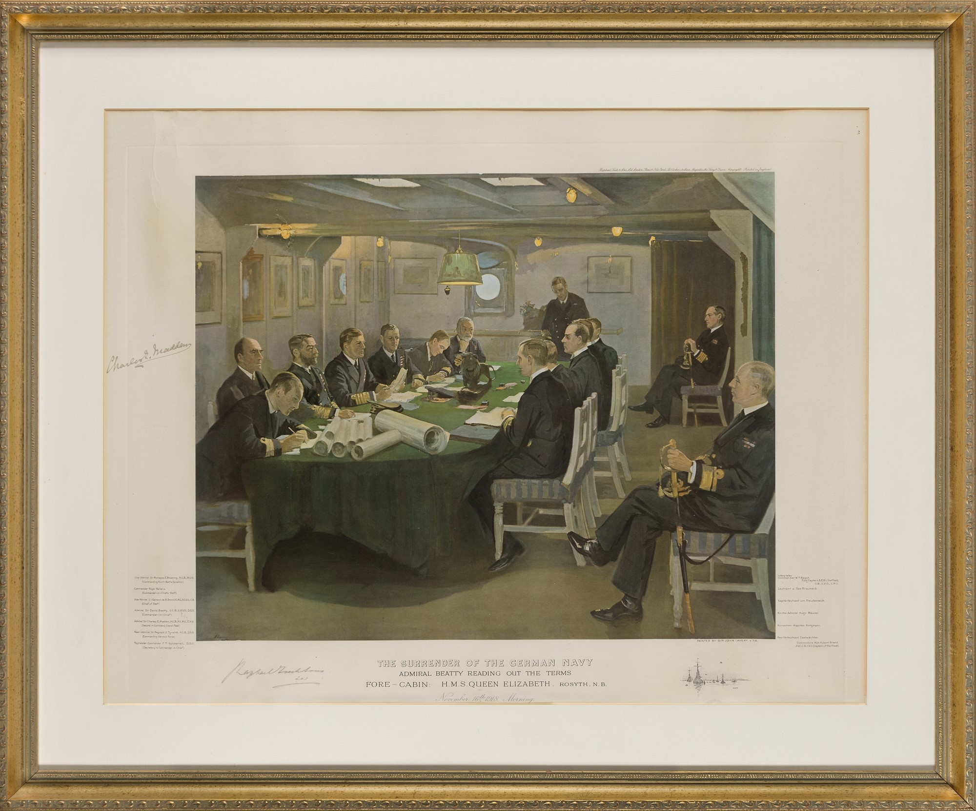 A formal meeting scene with naval officers gathered around a large table in a dimly lit room.