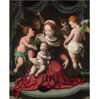 VIERGE À L'ENFANT AVEC LE PETIT SAINT JEAN BAPTISTE DEVANT UN RIDEAU BLEU