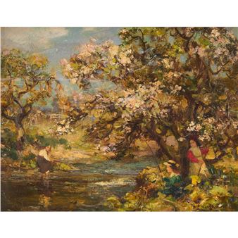 A vibrant outdoor scene featuring figures by a river under blossoming trees.