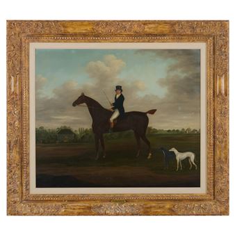A classical oil painting of a figure on horseback accompanied by two dogs in a pastoral landscape.