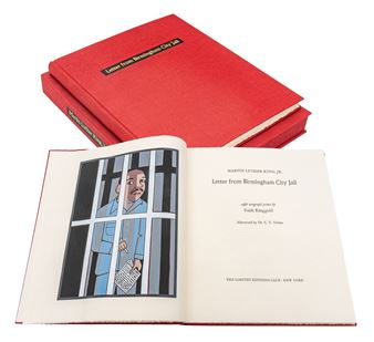A red hardcover book with a stained-glass style illustration of a figure behind bars.