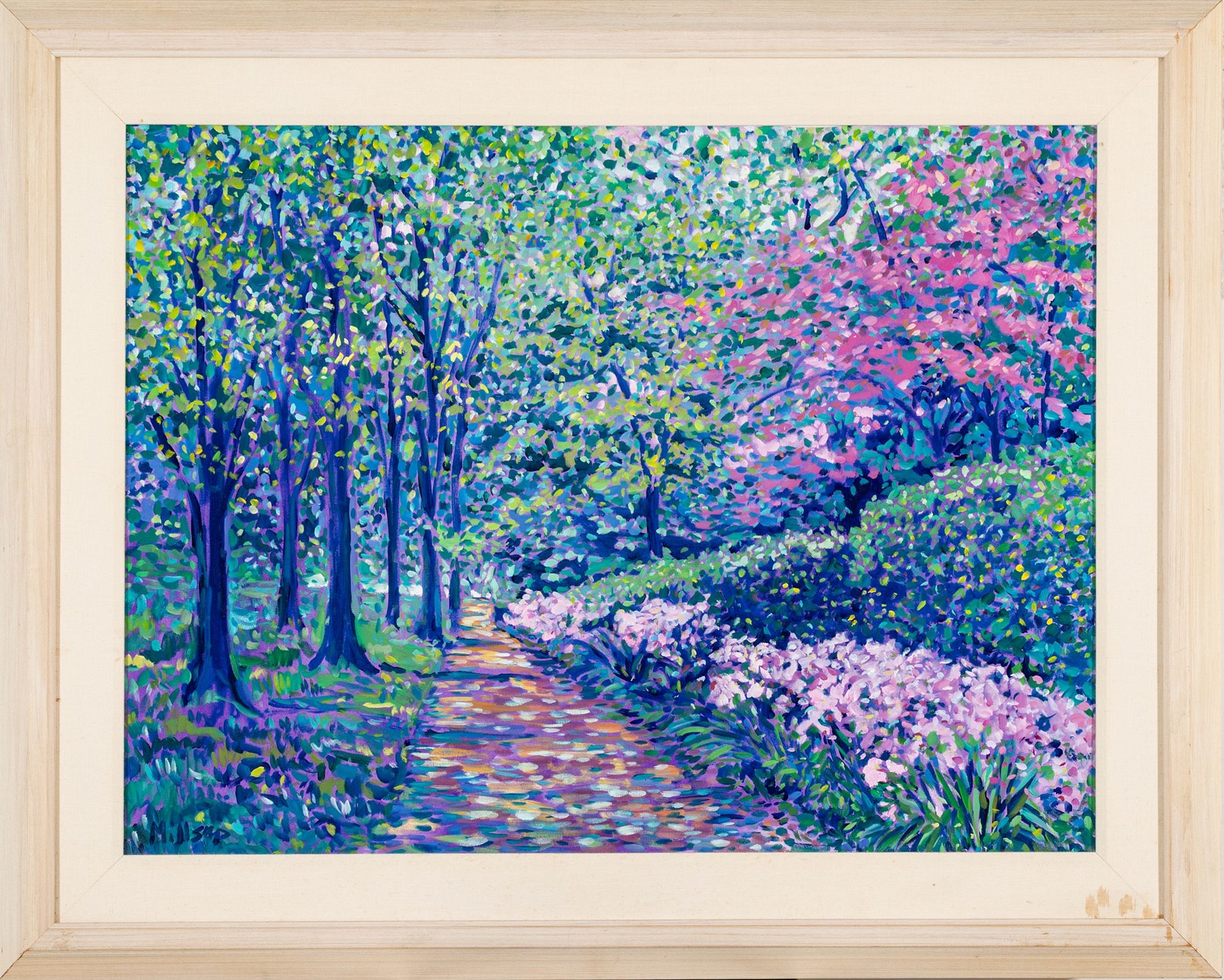 A vibrant, pointillist-style painting of a sunlit garden path lined with colorful trees and flowers.