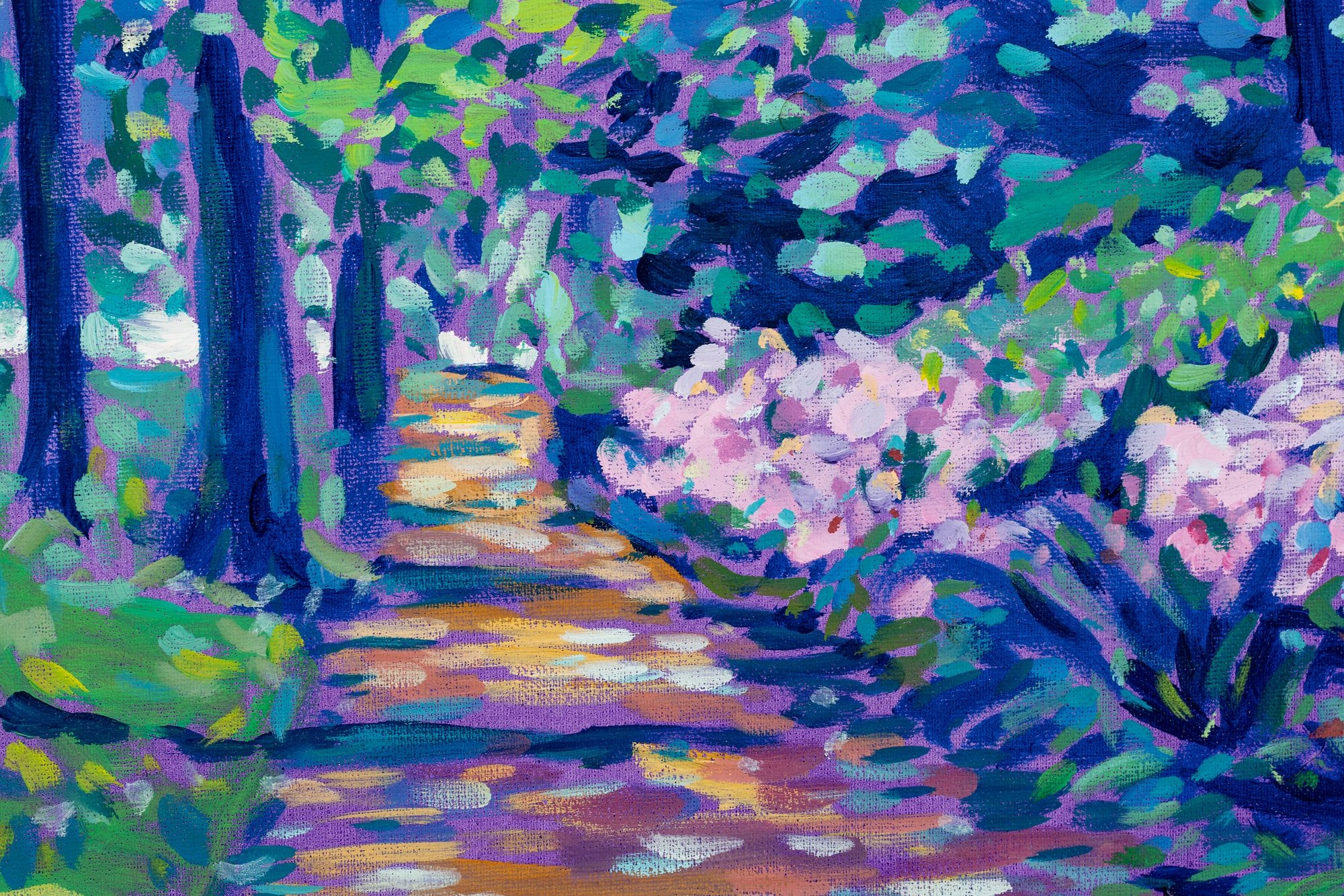 A vibrant, pointillist-style painting of a sunlit garden path lined with colorful trees and flowers.