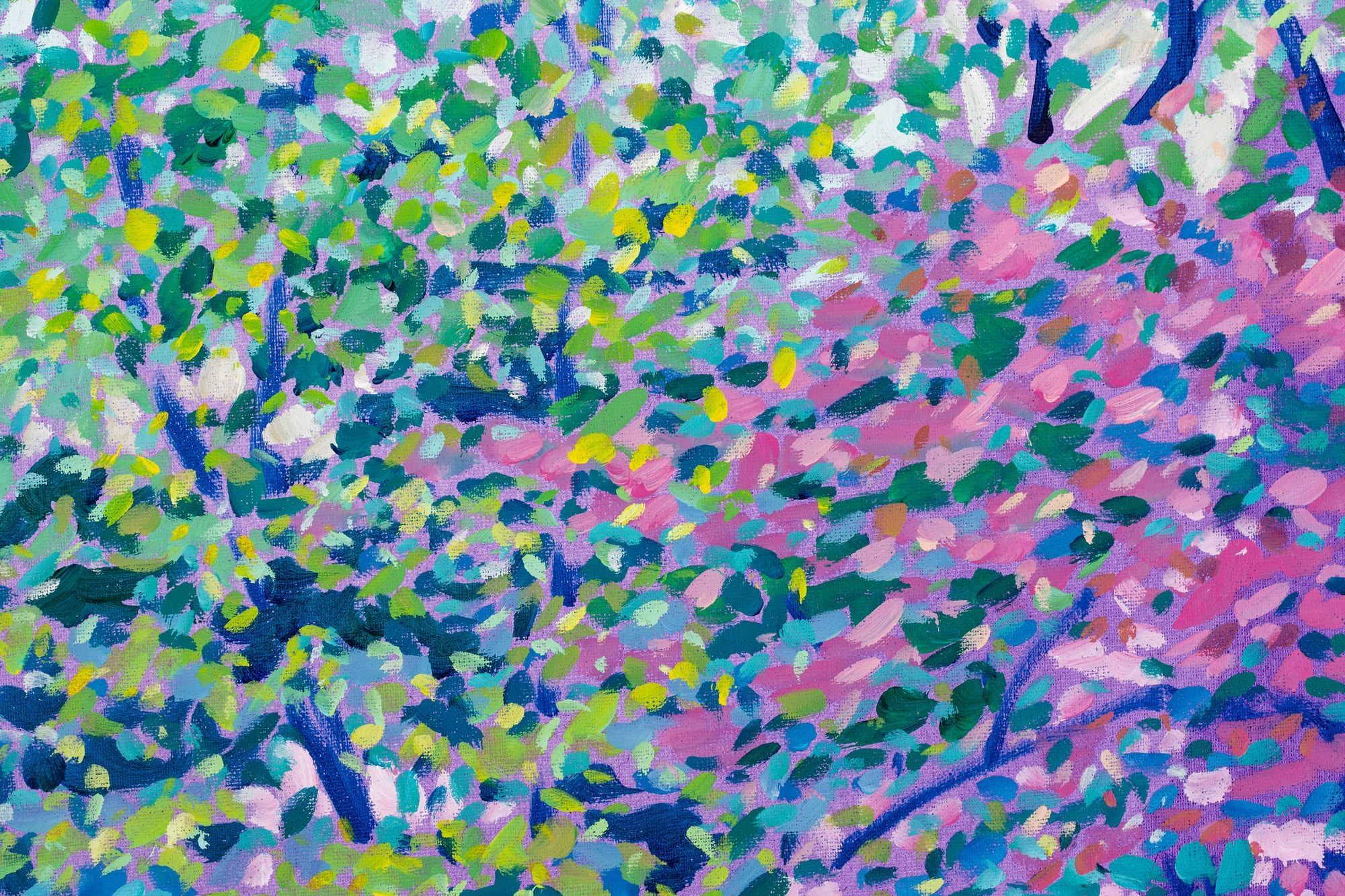 A vibrant, pointillist-style painting of a sunlit garden path lined with colorful trees and flowers.