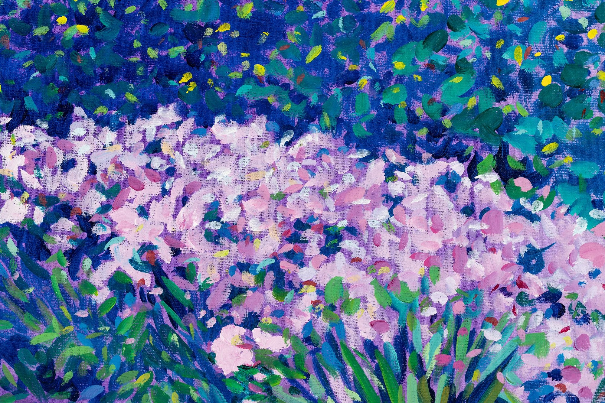 A vibrant, pointillist-style painting of a sunlit garden path lined with colorful trees and flowers.