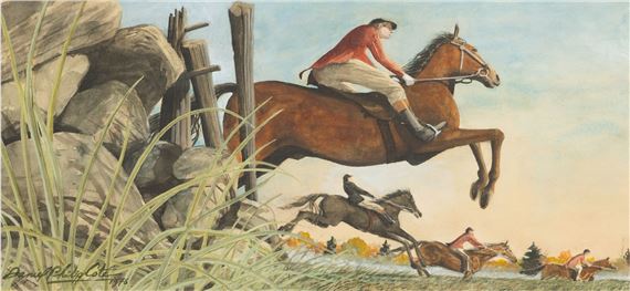 A dynamic equestrian scene capturing a horse mid-jump over an obstacle.