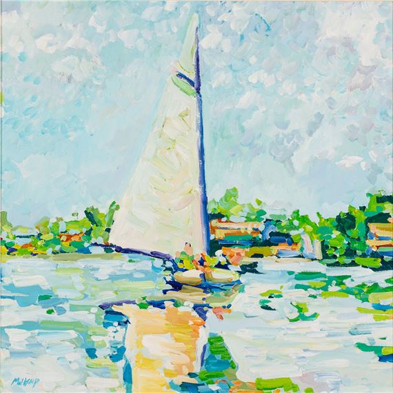 A vibrant impressionist painting of a sailboat gliding on sunlit water with a colorful shoreline.