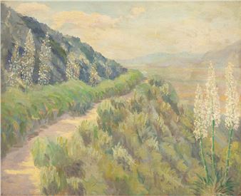 A sun-drenched landscape painting featuring a winding path through greenery and distant hills.
