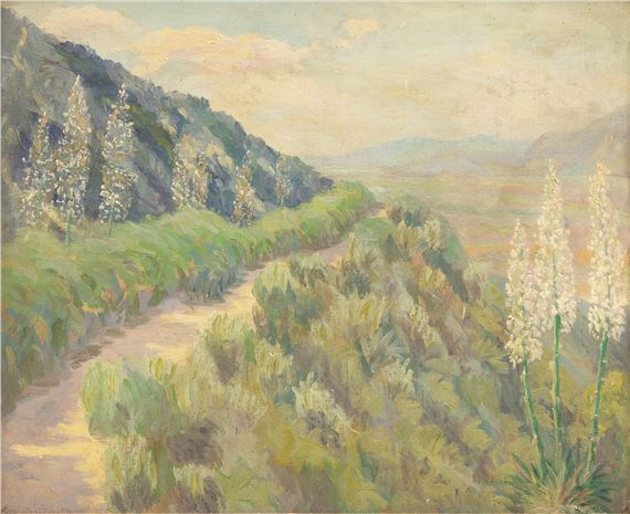 A sun-drenched landscape painting featuring a winding path through greenery and distant hills.