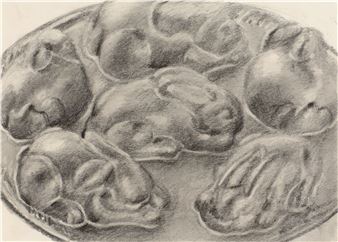 A monochromatic drawing of a bowl filled with sleeping rabbits.