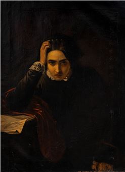 A contemplative figure in dark clothing rests their head on a hand, illuminated by dramatic chiaroscuro against a deep black background.