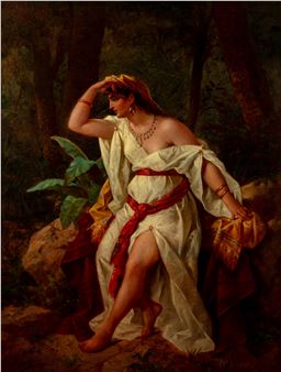 A classical painting of a draped figure in a forest setting.
