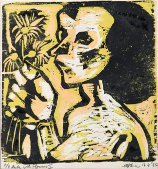 A bold, high-contrast portrait of a figure holding flowers rendered in yellow and black.