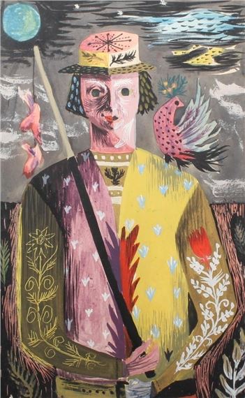 A surreal portrait of a figure in a hat holding a staff, surrounded by birds and celestial elements.