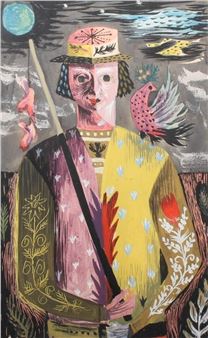 A surreal portrait of a figure in a hat holding a staff, surrounded by birds and celestial elements.