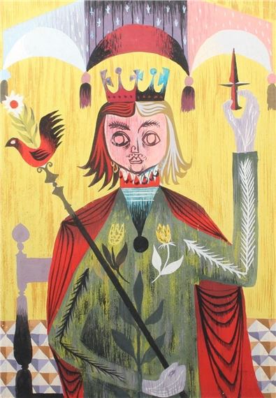 A stylized portrait of a crowned figure holding a scepter and dagger against a vibrant yellow background.