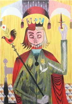 A stylized portrait of a crowned figure holding a scepter and dagger against a vibrant yellow background.