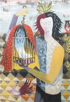 A stylized figure holds a birdcage containing a white bird against a geometric background.