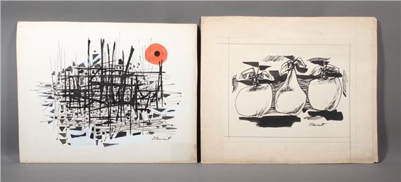 A diptych of black-and-white prints featuring abstract lines and a red circle alongside a still life of pears.