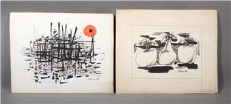 A diptych of black-and-white prints featuring abstract lines and a red circle alongside a still life of pears.