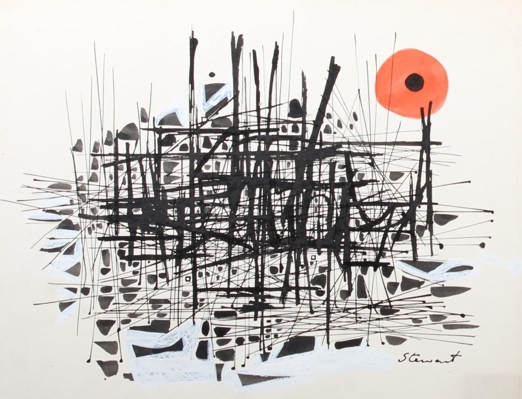 A diptych of black-and-white prints featuring abstract lines and a red circle alongside a still life of pears.