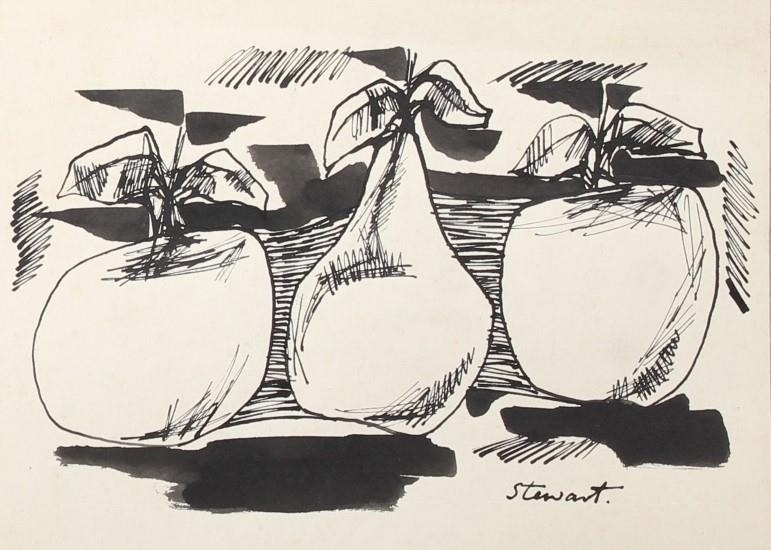 A diptych of black-and-white prints featuring abstract lines and a red circle alongside a still life of pears.