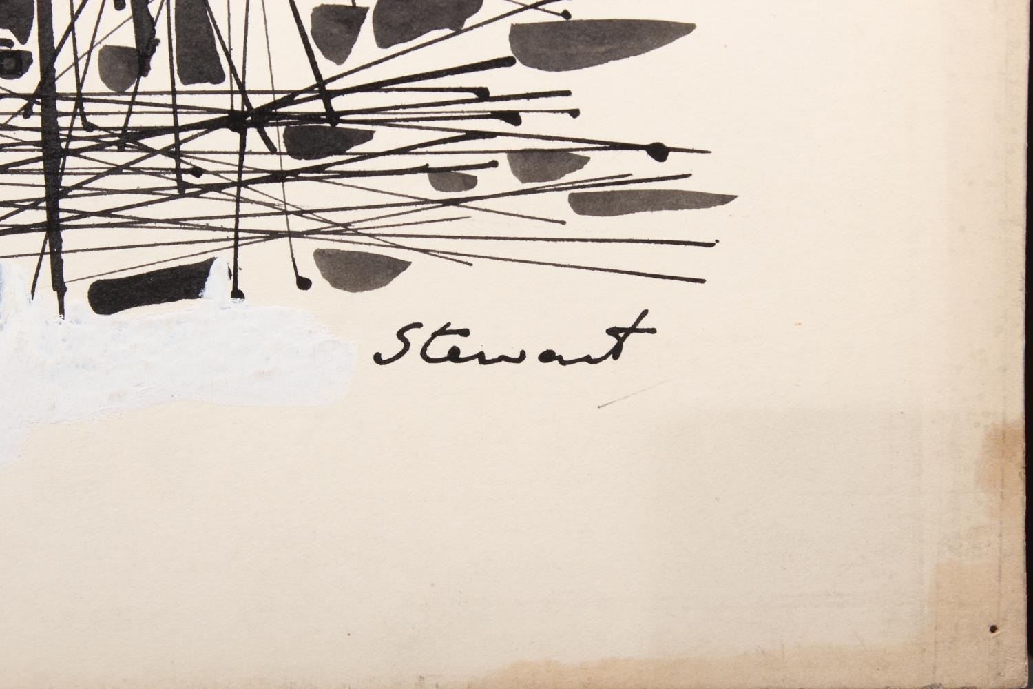 A diptych of black-and-white prints featuring abstract lines and a red circle alongside a still life of pears.