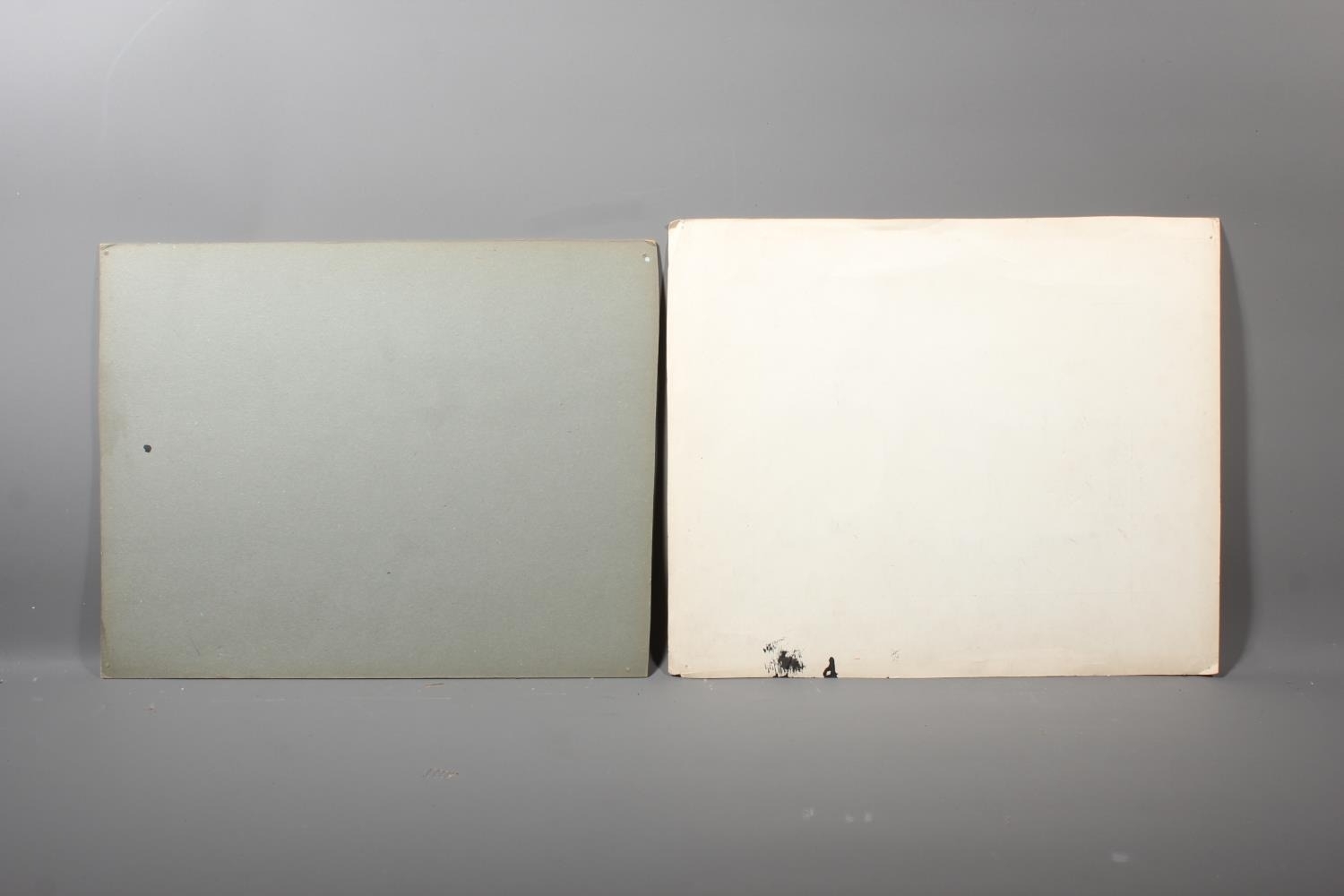 A diptych of black-and-white prints featuring abstract lines and a red circle alongside a still life of pears.