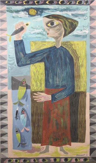 A stylized figure in a blue robe holds a fish against a sky with a sun and clouds.