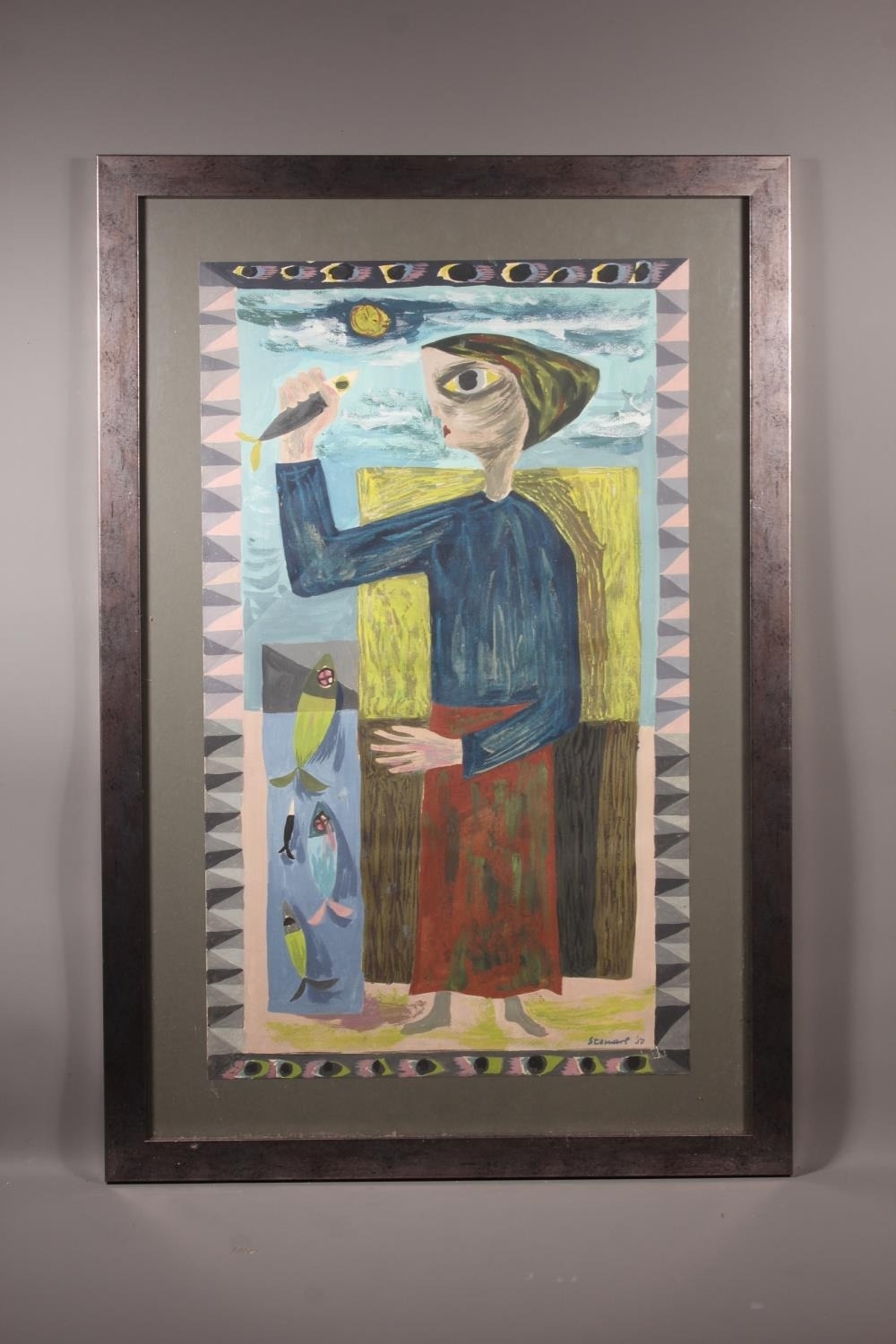 A stylized figure in a blue robe holds a fish against a sky with a sun and clouds.