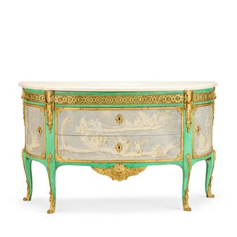 An important late Louis XV ormolu mounted green painted and grisaille decorated commode by René Dubois (1737-1799)