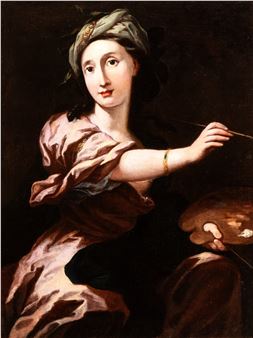 A classical portrait of a seated figure holding a paintbrush and palette, rendered in warm earth tones with dramatic chiaroscuro lighting.