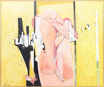 A surreal composition featuring a pink, fleshy figure emerging from a yellow void amidst black and white geometric shapes.