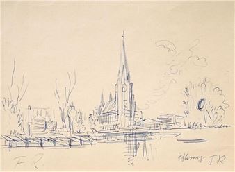 A quick blue ink sketch of a riverside town featuring a prominent church spire and bare trees.