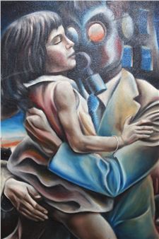 A tender embrace between a young girl and a masked figure in a dreamlike, painterly composition.