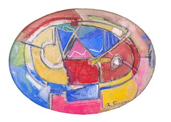 A colorful abstract composition featuring geometric shapes and a face-like structure.