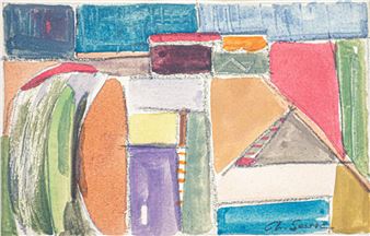 A colorful abstract composition featuring geometric shapes and organic forms on textured paper.