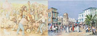 A split-panel watercolor scene contrasting a chaotic street procession with a serene coastal town.