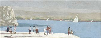 A serene coastal scene featuring a group of figures on a beach with sailboats in the distance.